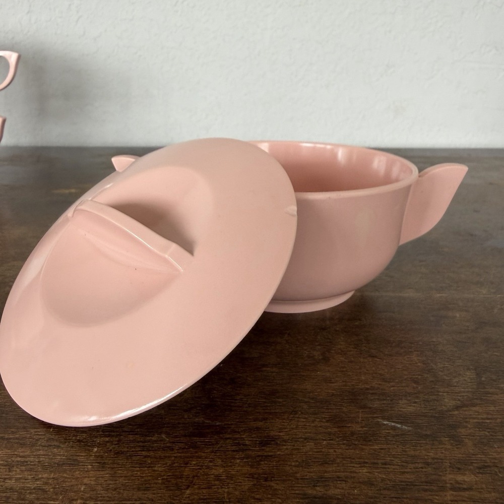 Vintage Miramar Melmac Pink Melamine Creamer Sugar Bowl & 4 Cups MCM Set - Picture 7 of 10